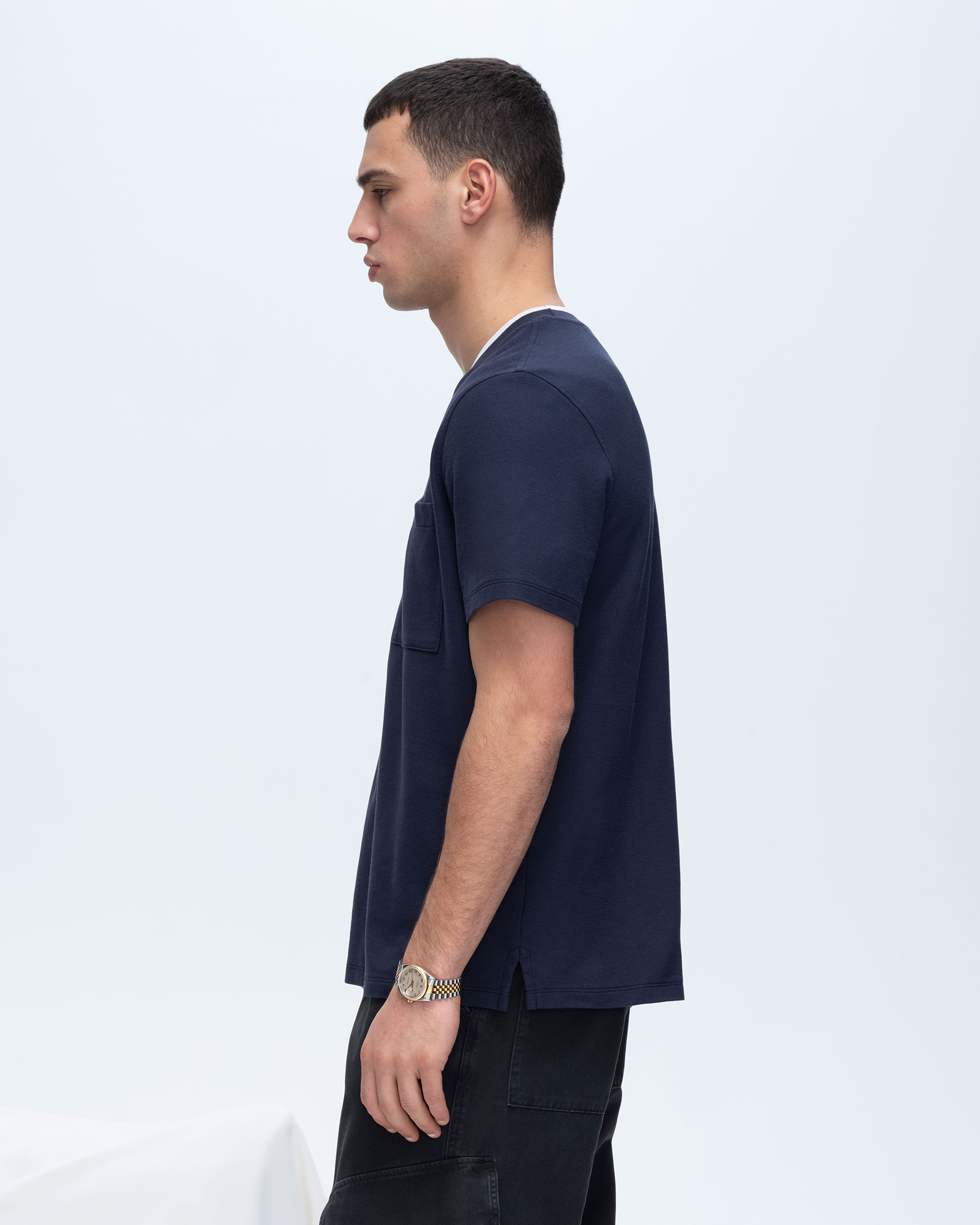 Pique Short Sleeve Crew Neck Pocket Tee with Tipping - Navy-White