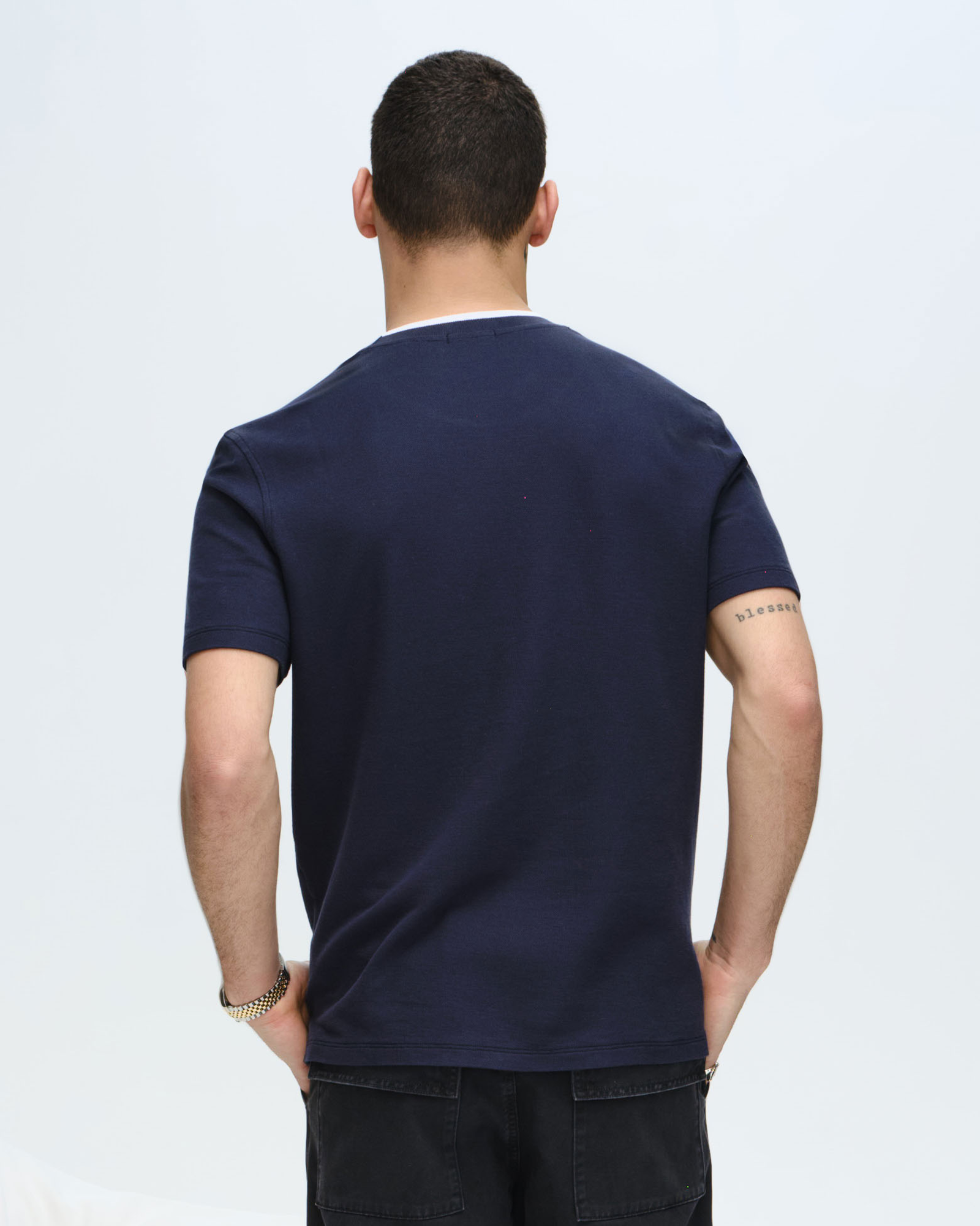 Pique Short Sleeve Crew Neck Pocket Tee with Tipping - Navy-White