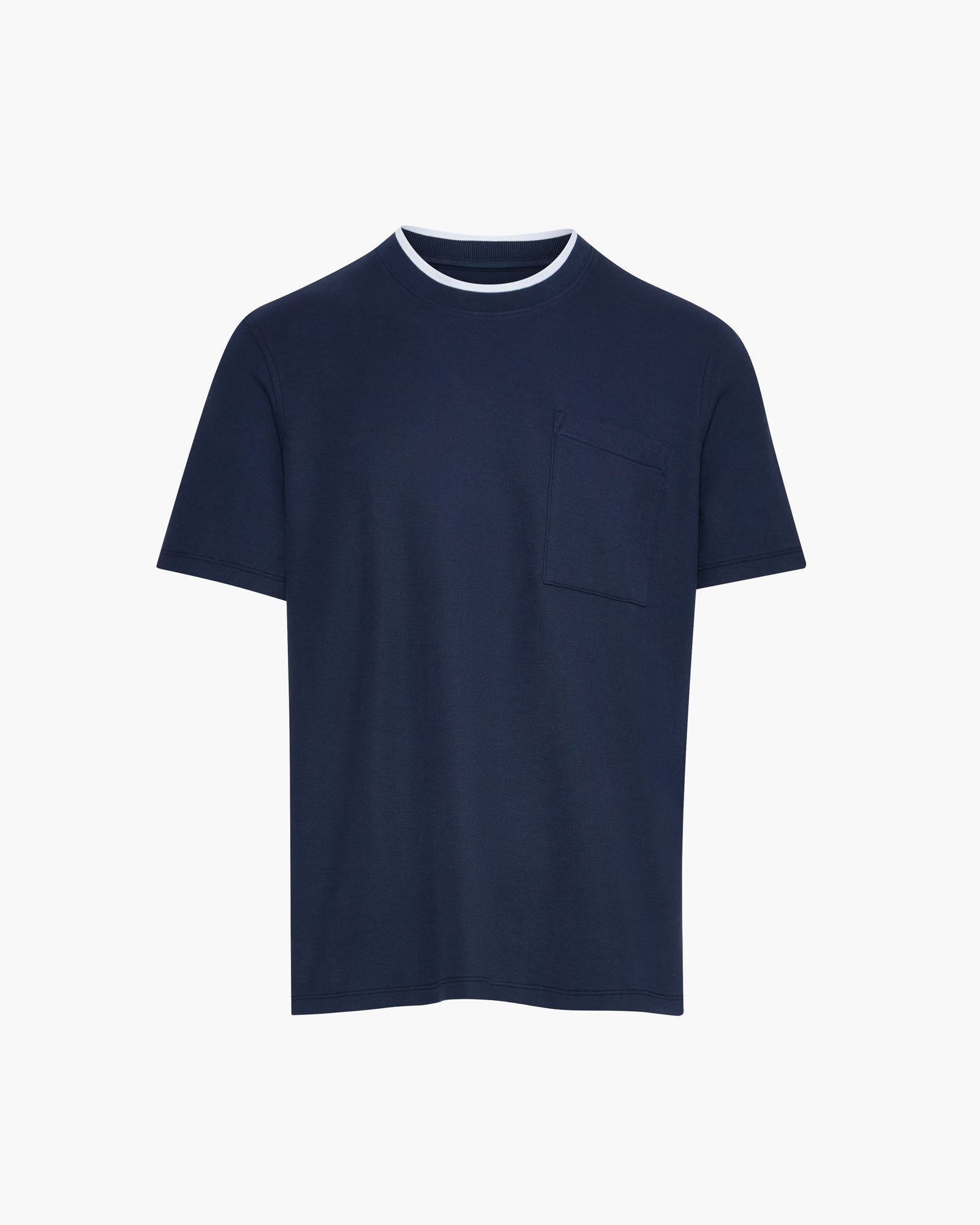 Pique Short Sleeve Crew Neck Pocket Tee with Tipping - Navy-White