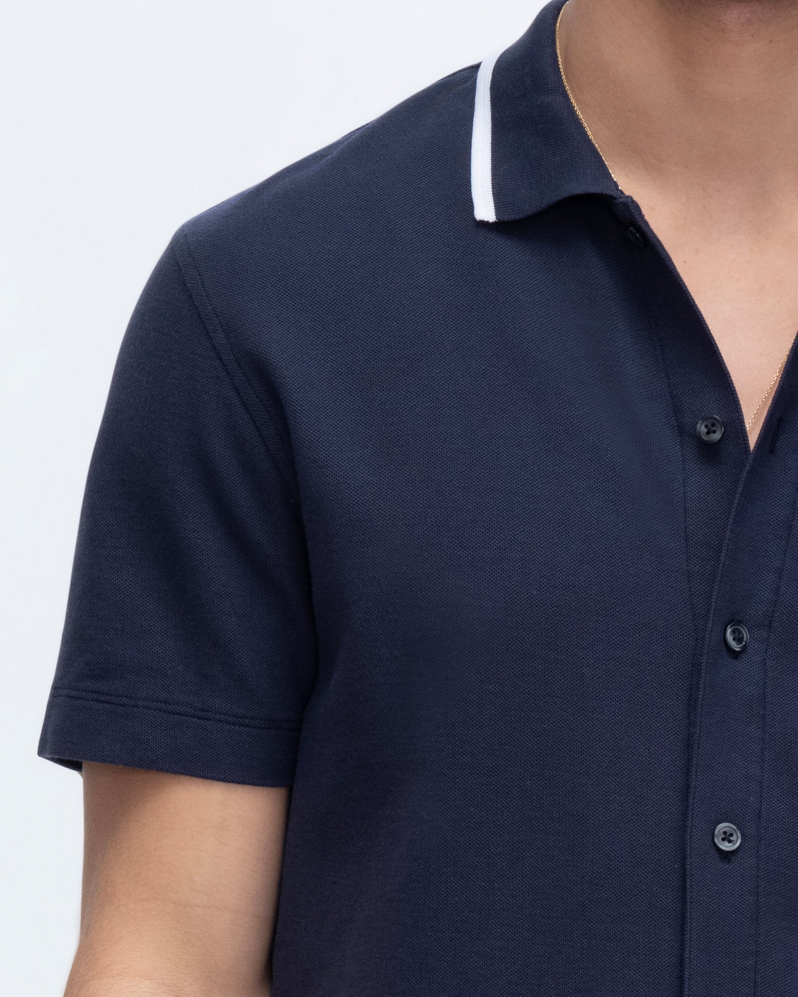 Pique Button Front Shirt with Tipping - Navy-White
