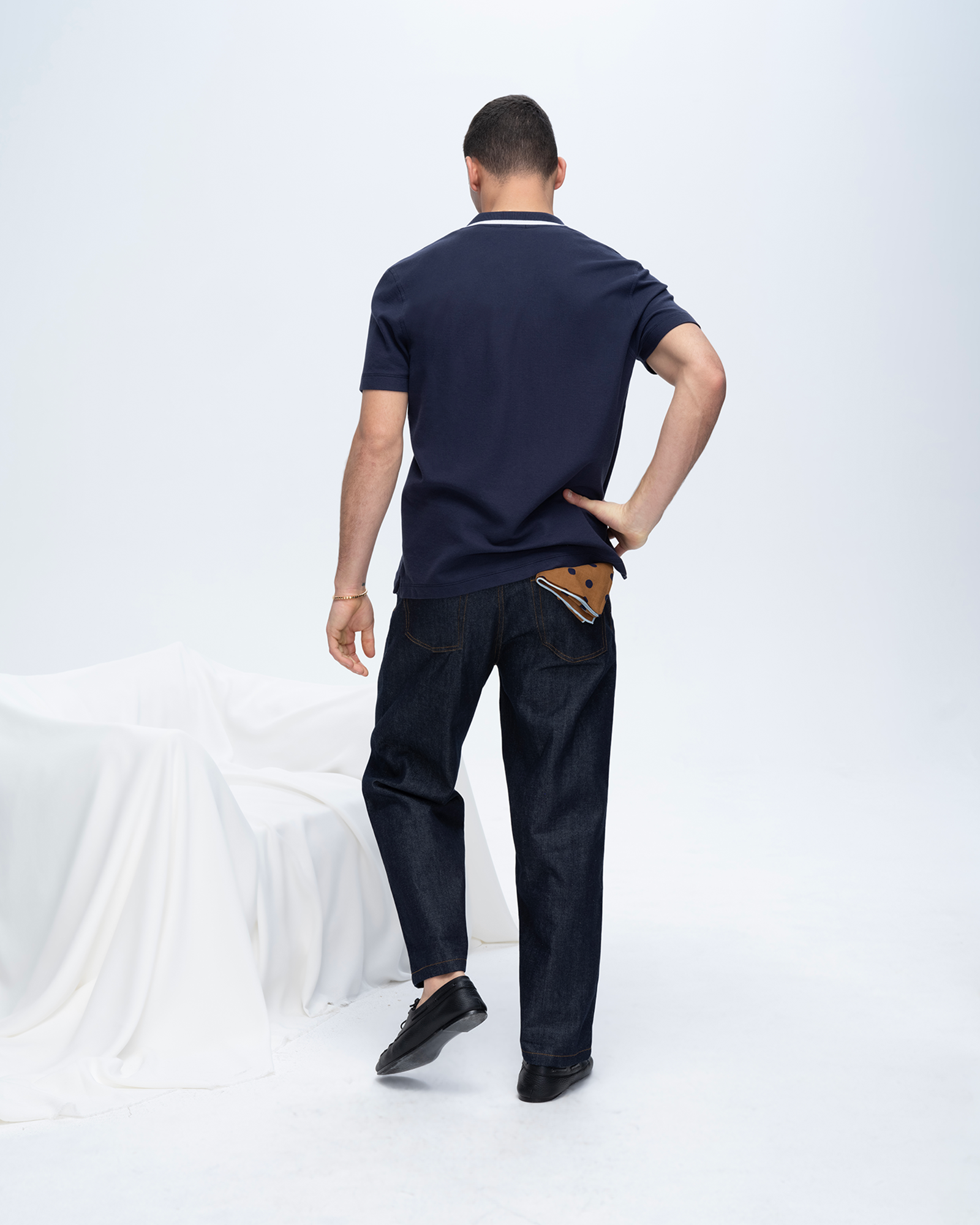 Pique Button Front Shirt with Tipping - Navy-White