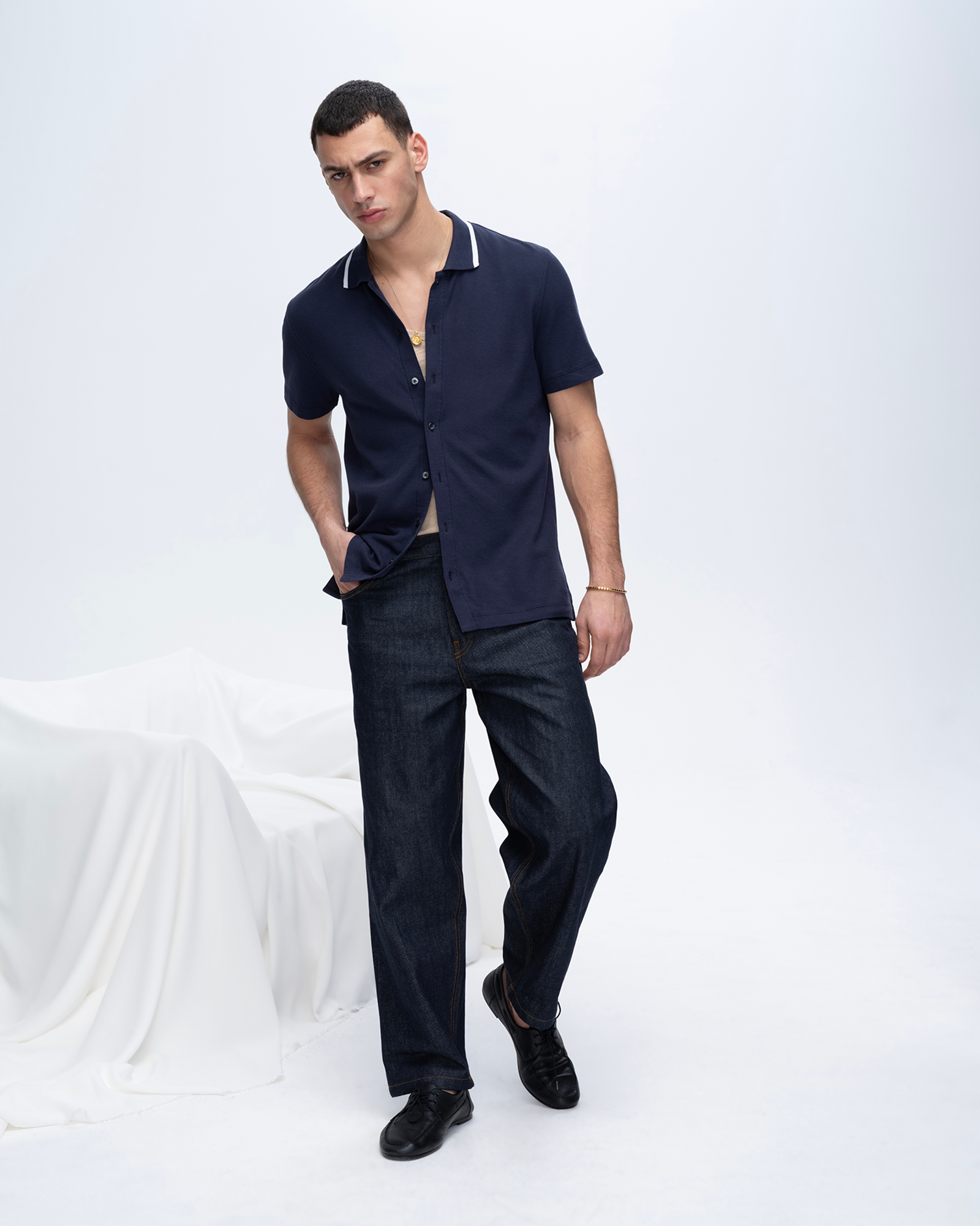Pique Button Front Shirt with Tipping - Navy-White