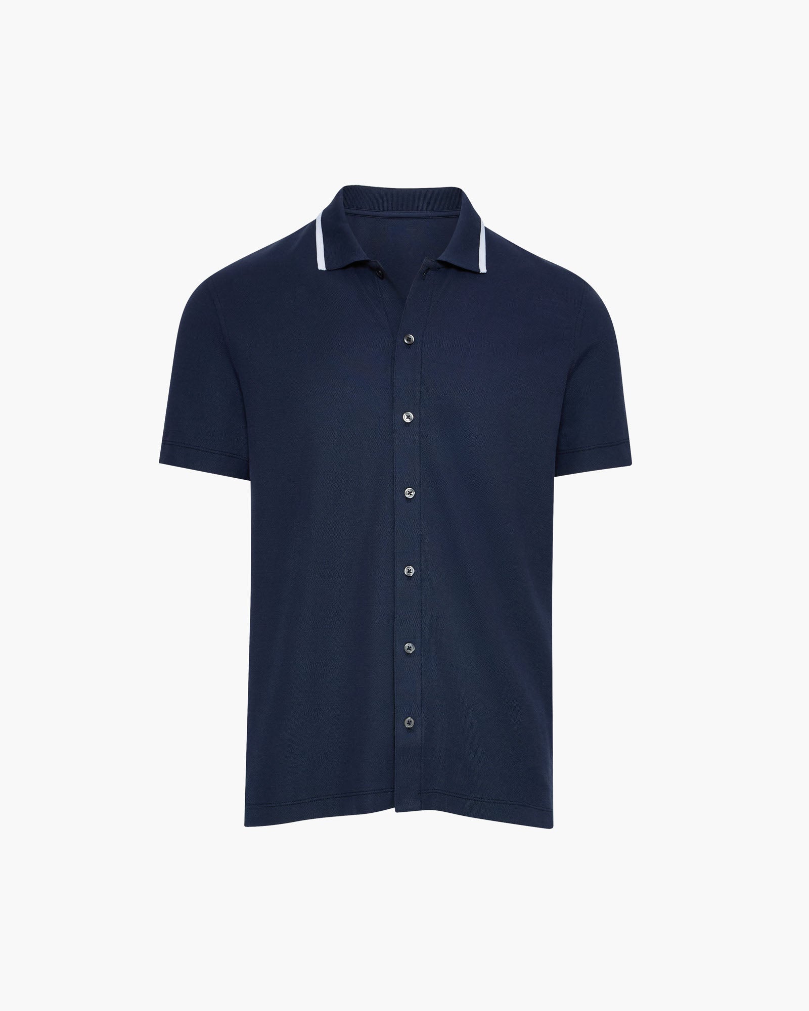 Pique Button Front Shirt with Tipping - Navy-White