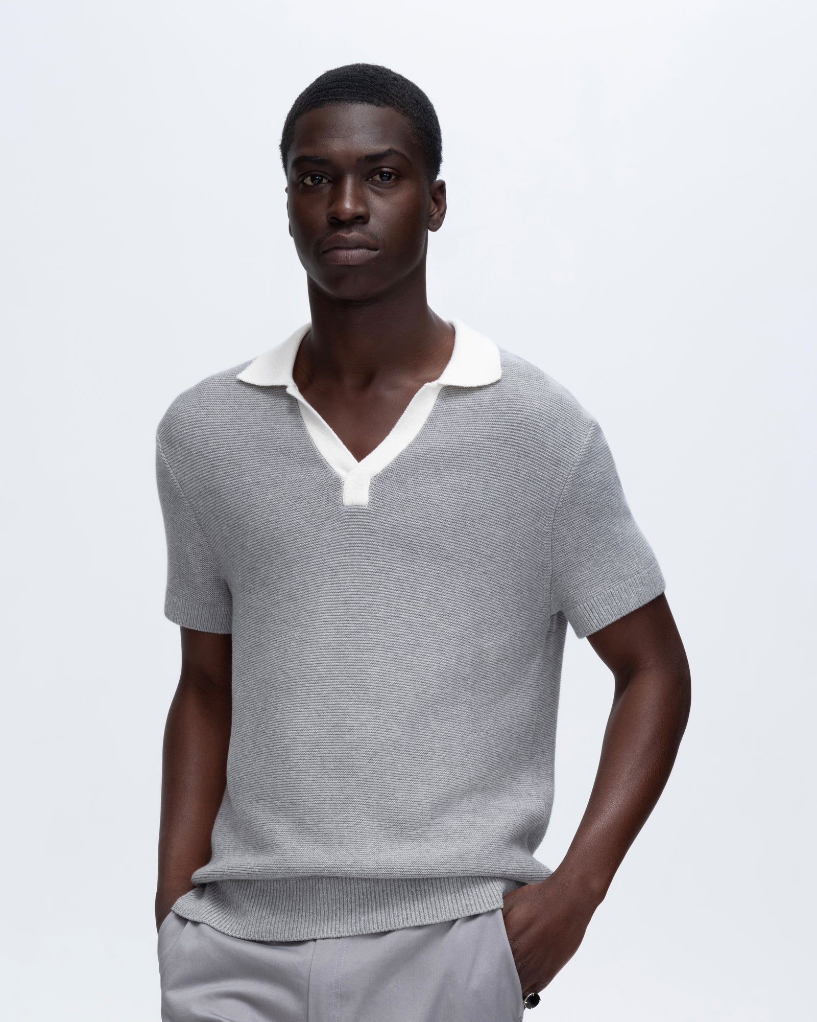 Cotton Cashmere Colorblock Short Sleeve Polo - Heather Shark-Chalk