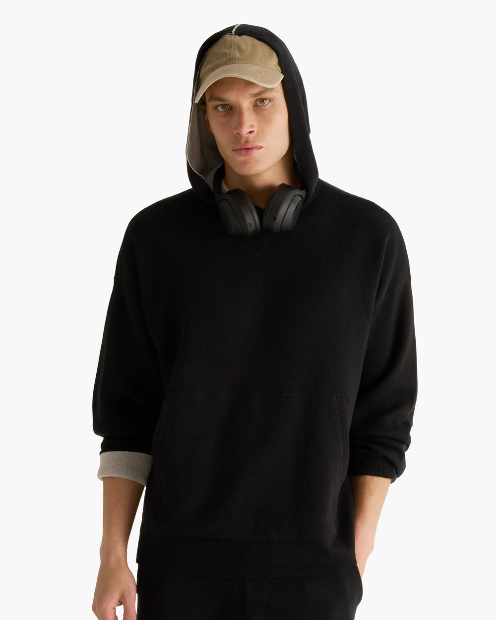 Cotton Cashmere Plaited Oversized Hoodie - Black Silver