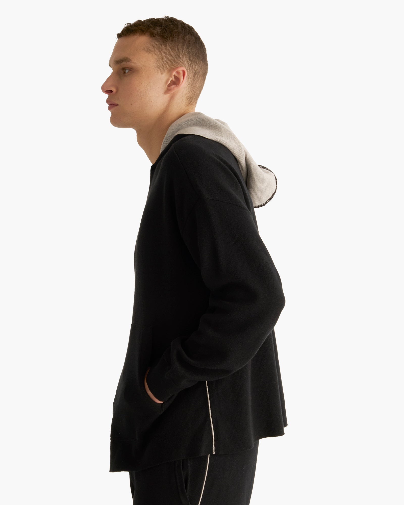 Cotton Cashmere Plaited Oversized Hoodie - Black Silver