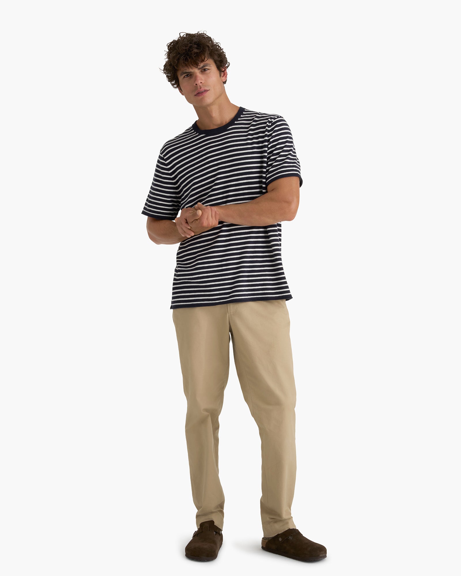 Cotton Cashmere Striped Crew Neck Tee  -  Midnight Chalk