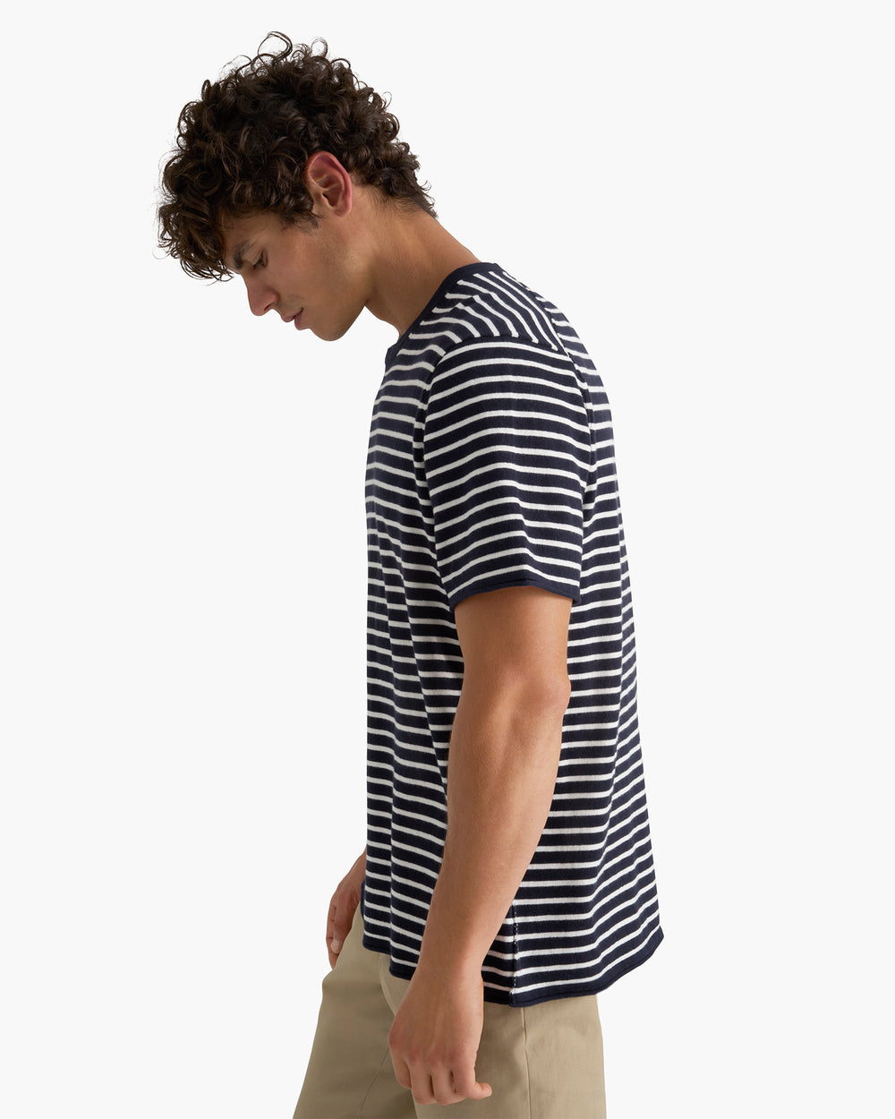 Cotton Cashmere Striped Crew Neck Tee  -  Midnight Chalk