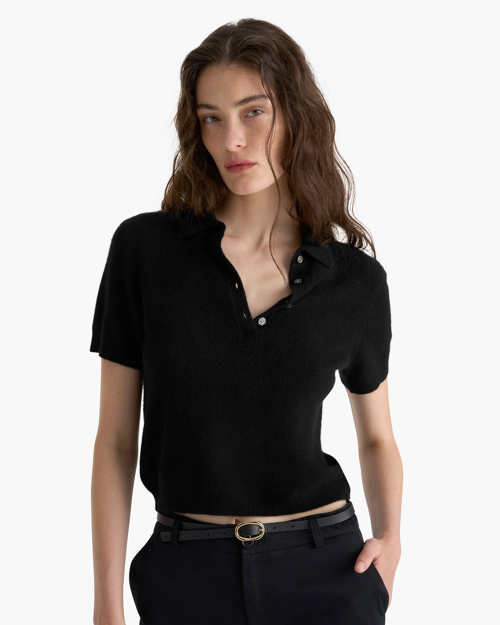 Lightweight Cashmere Exposed Seam Polo - Black