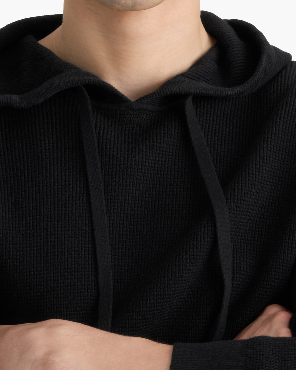 Cotton Cashmere Waffle Stitch Pullover Hoodie - Black