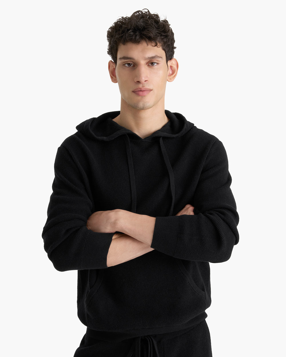 Cotton Cashmere Waffle Stitch Pullover Hoodie - Black