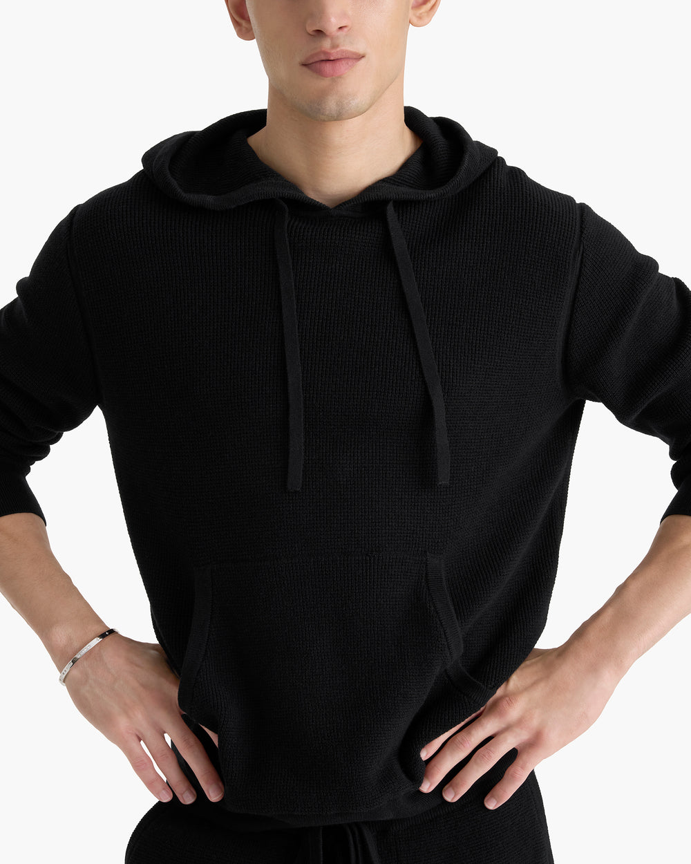 Cotton Cashmere Waffle Stitch Pullover Hoodie - Black