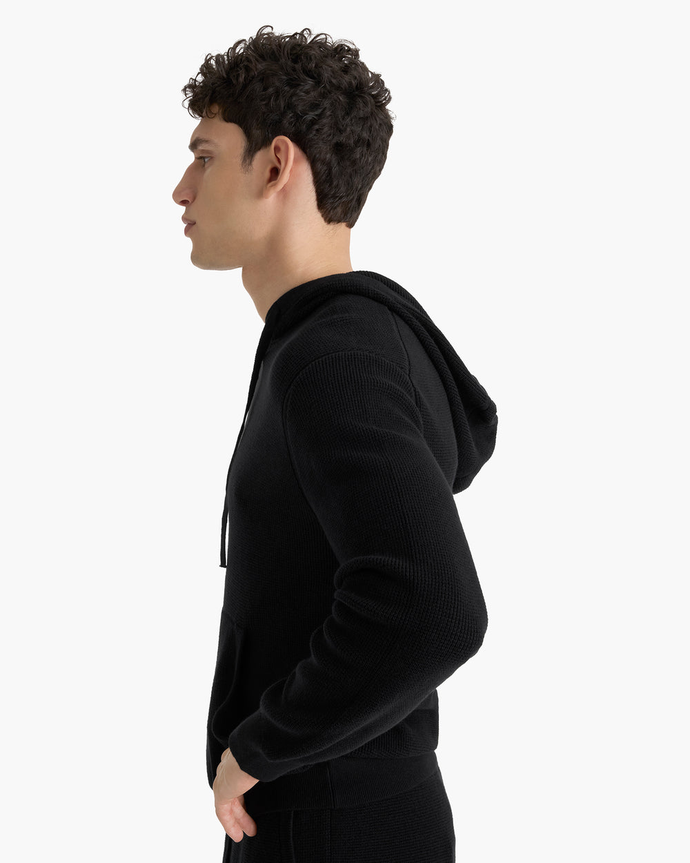 Cotton Cashmere Waffle Stitch Pullover Hoodie - Black