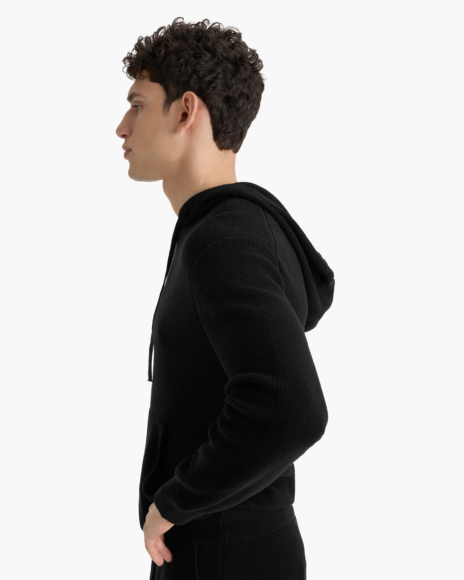 Cotton Cashmere Waffle Stitch Pullover Hoodie - Black
