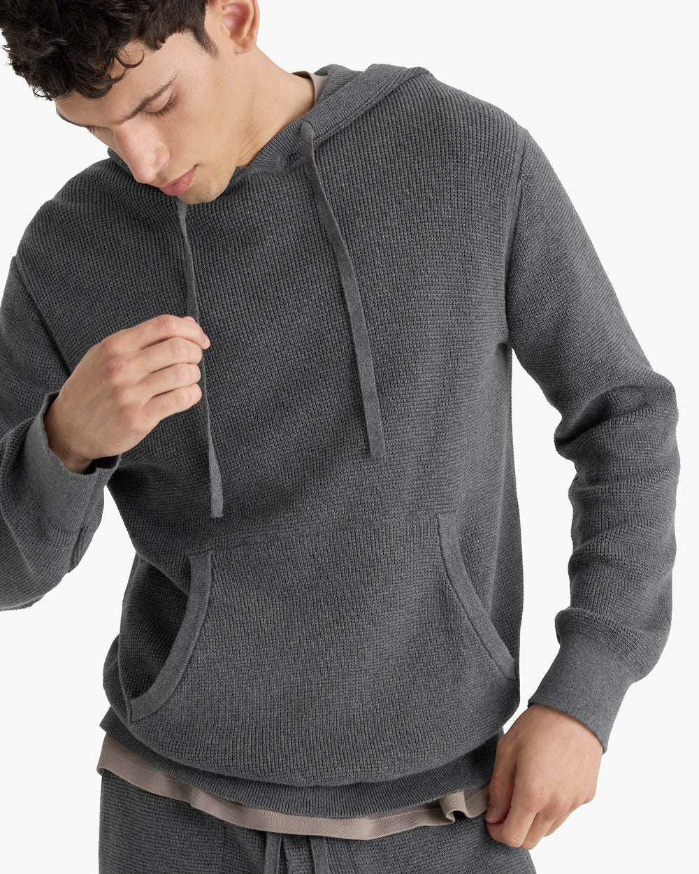 Cotton Cashmere Waffle Stitch Pullover Hoodie - Dark Heather Grey