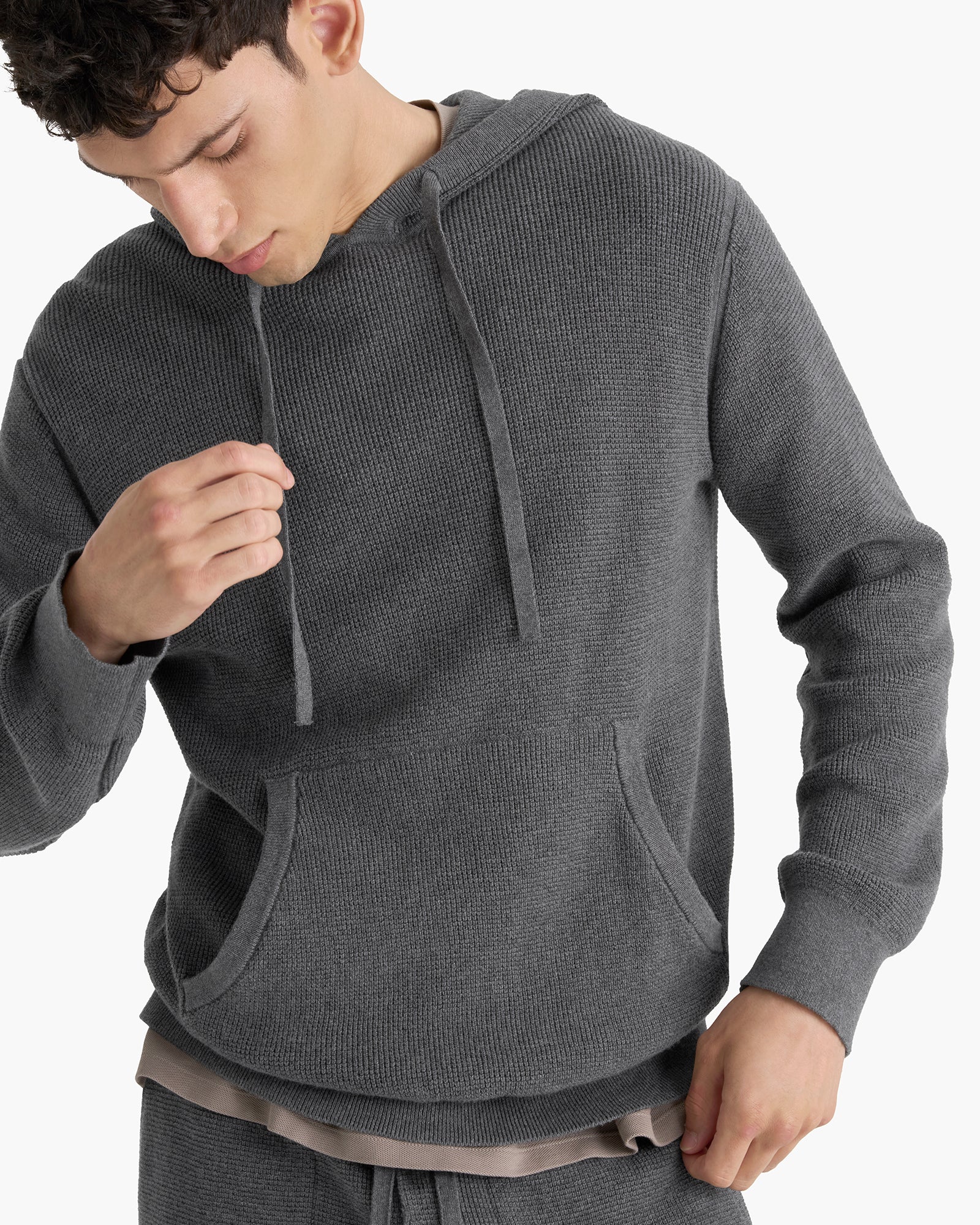 Cotton Cashmere Waffle Stitch Pullover Hoodie - Dark Heather Grey