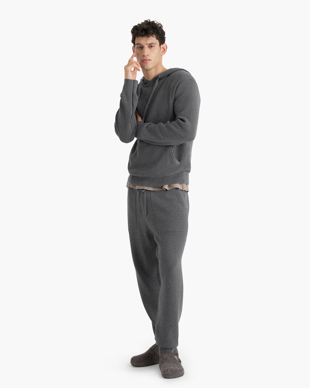 Cotton Cashmere Waffle Stitch Pullover Hoodie - Dark Heather Grey