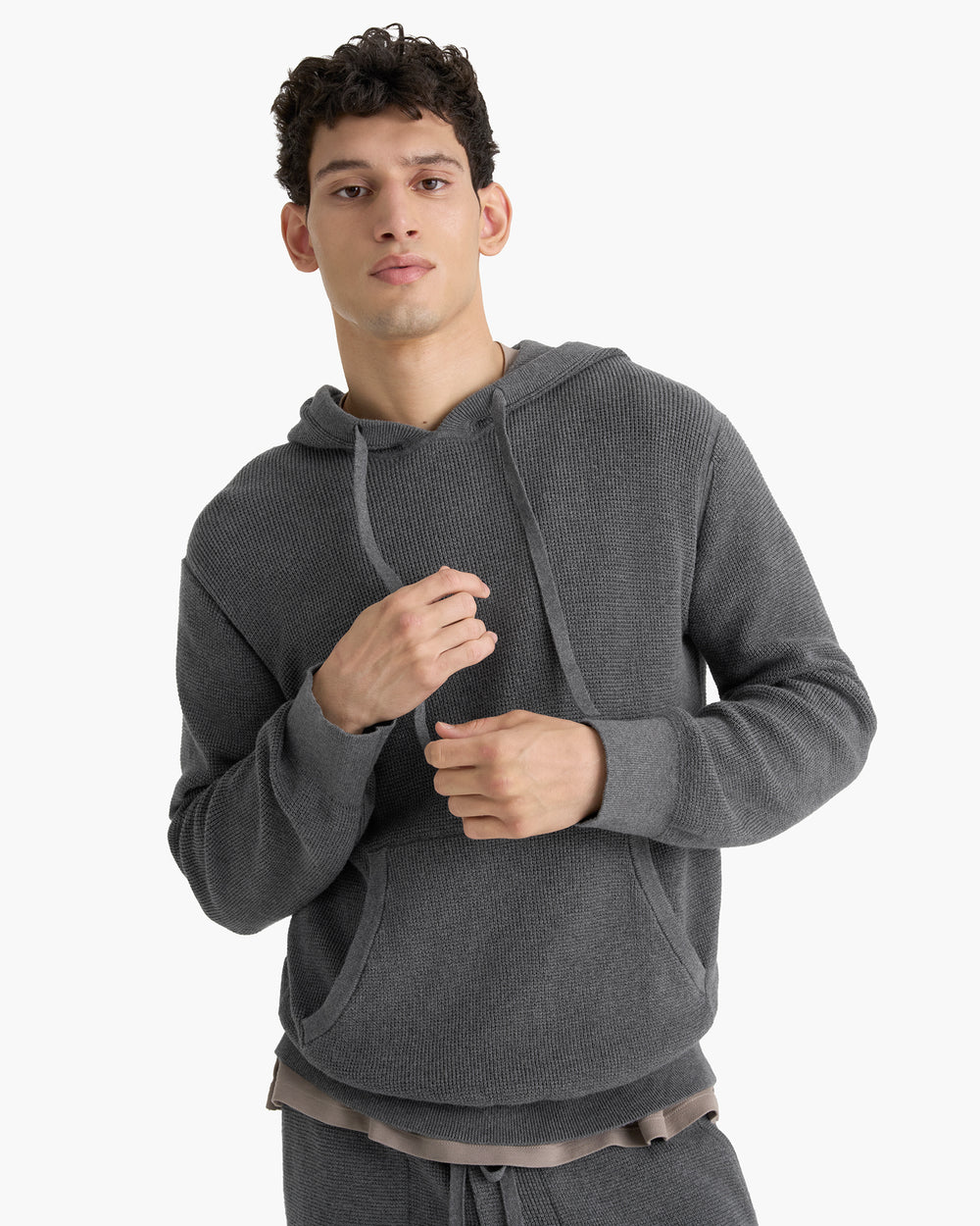 Cotton Cashmere Waffle Stitch Pullover Hoodie - Dark Heather Grey