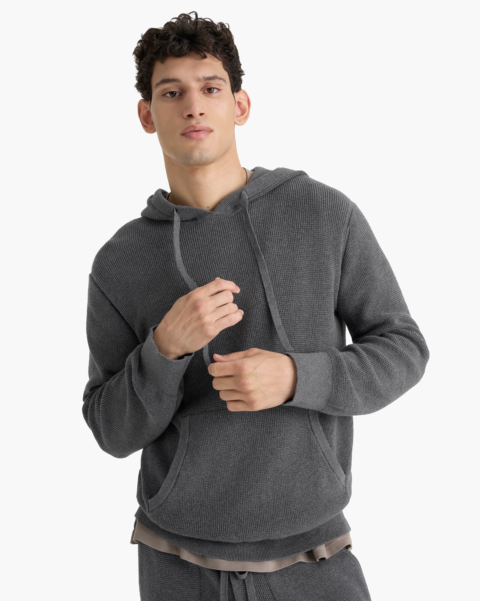Cotton Cashmere Waffle Stitch Pullover Hoodie - Dark Heather Grey