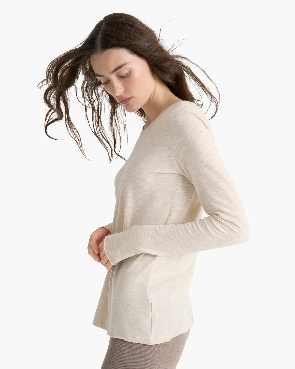 Slub Jersey Long Sleeve Destroyed Wash Tee - Bleached Oak