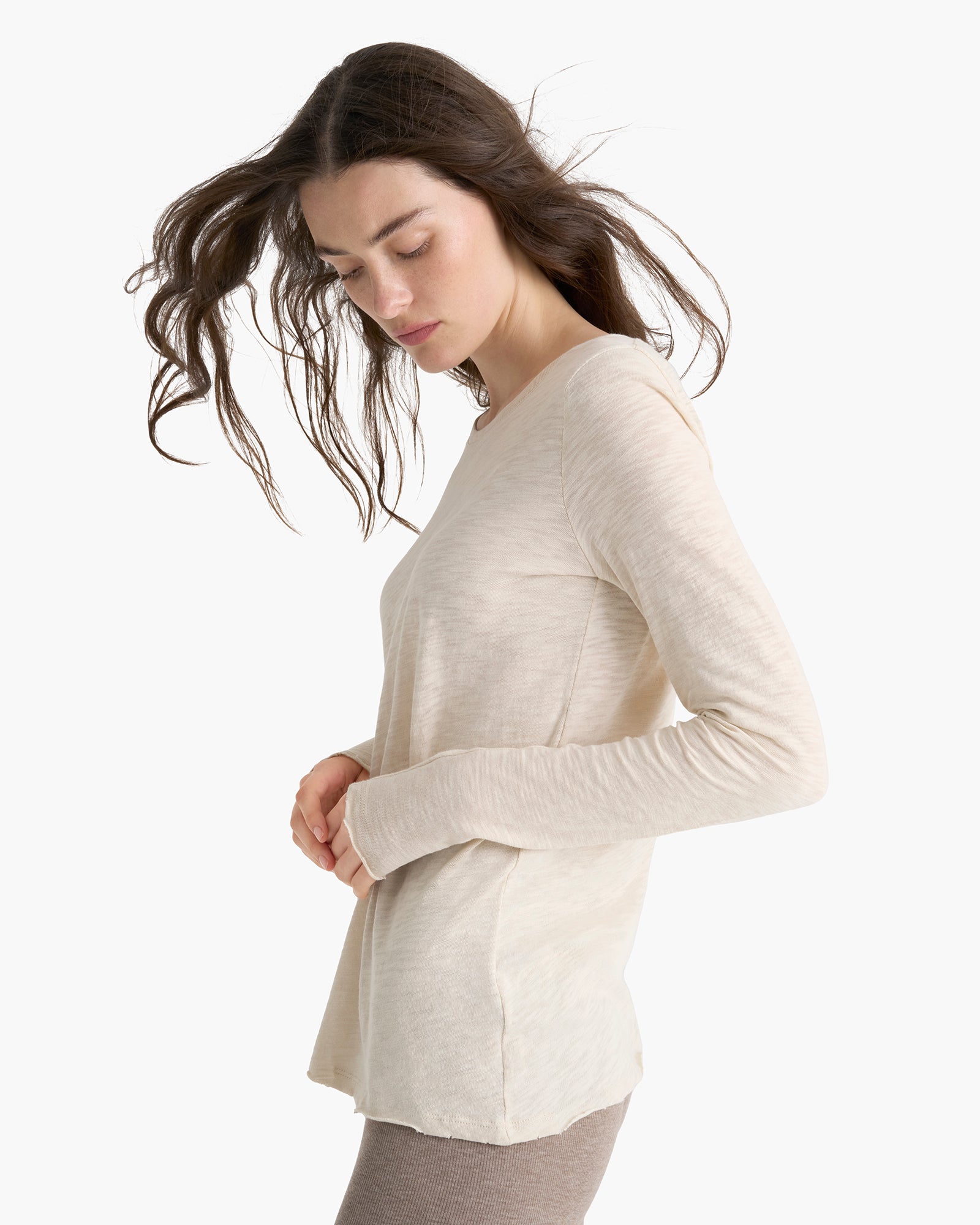 Slub Jersey Long Sleeve Destroyed Wash Tee - Bleached Oak