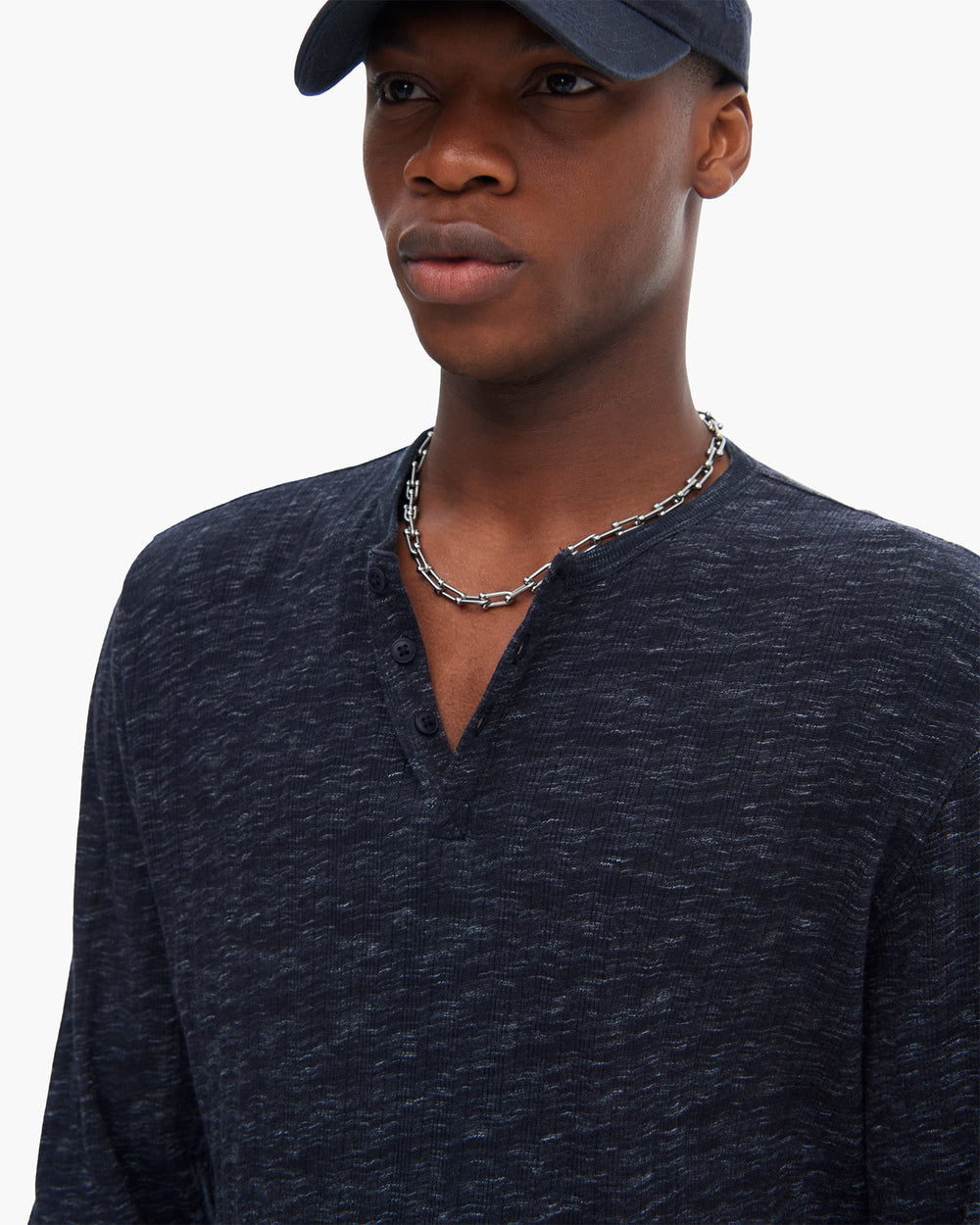 Rib Long Sleeve Destroyed Henley - Dark Navy