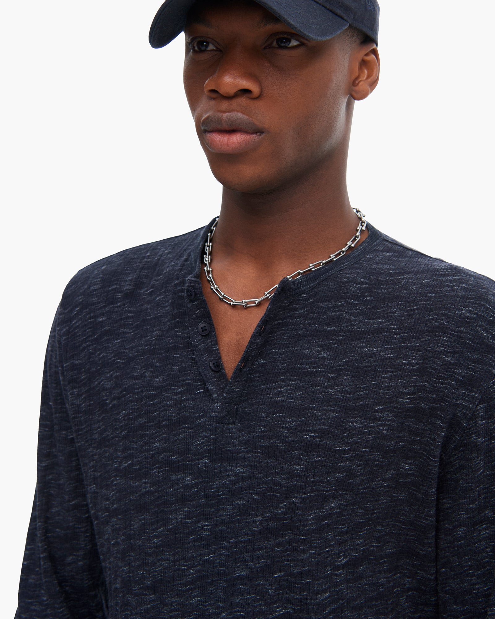 Rib Long Sleeve Destroyed Henley - Dark Navy