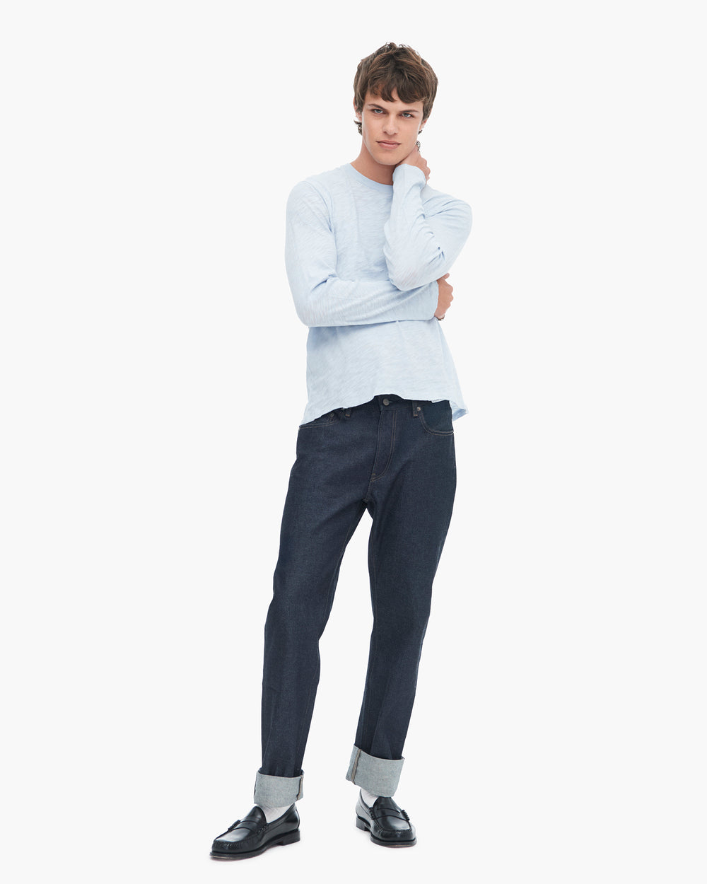 Slub Jersey Long Sleeve Destroyed Wash Tee - Powder Blue