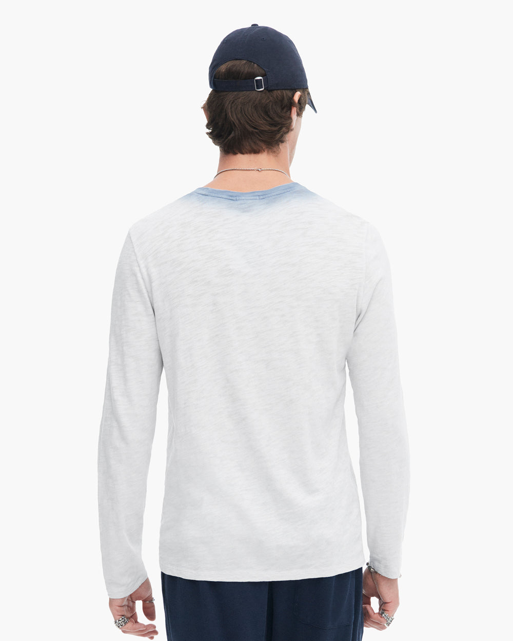 Spray Treatment Slub Jersey Destroyed Long Sleeve Crew Neck Tee - Silver-Wash Navy