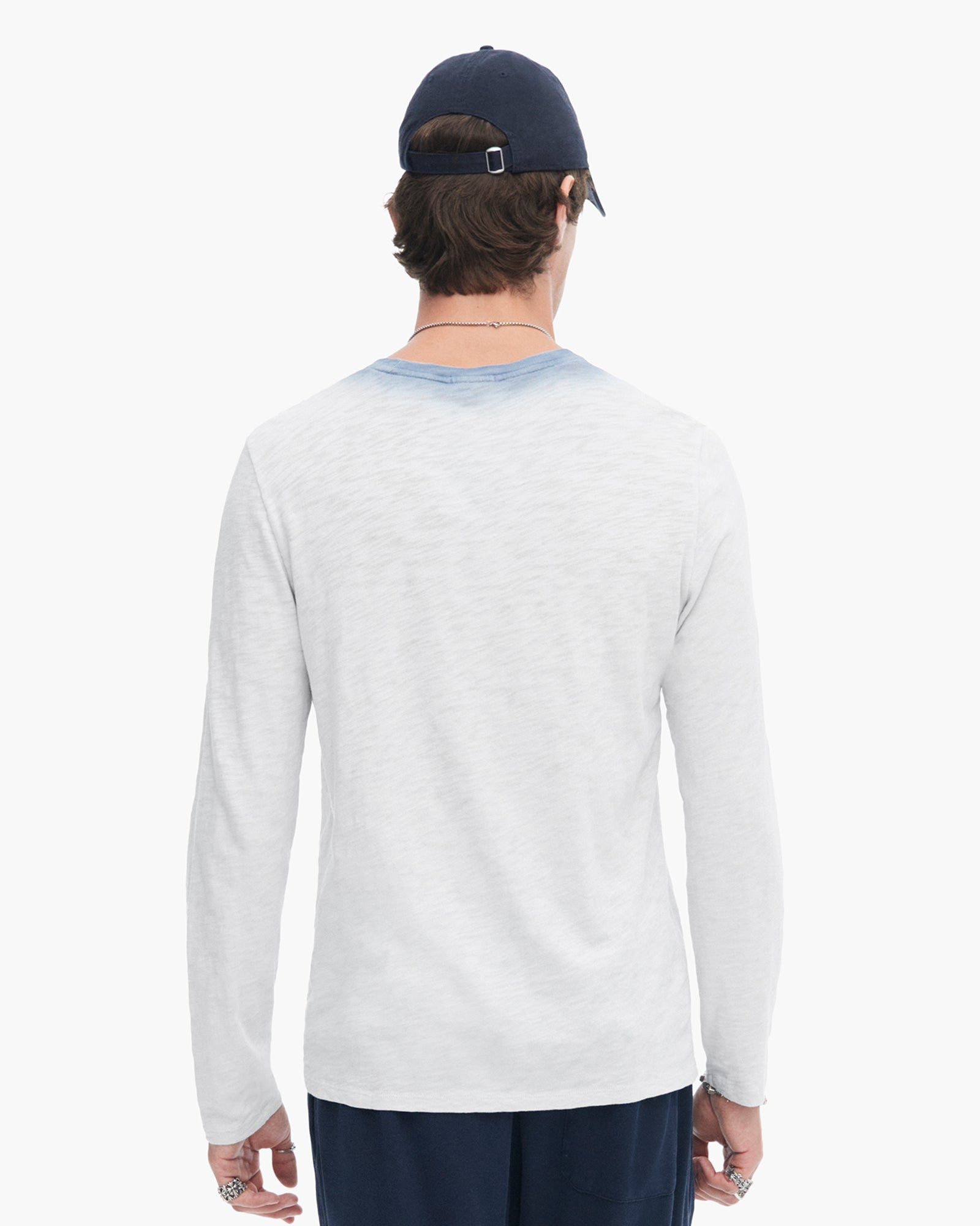 Spray Treatment Slub Jersey Destroyed Long Sleeve Crew Neck Tee - Silver-Wash Navy