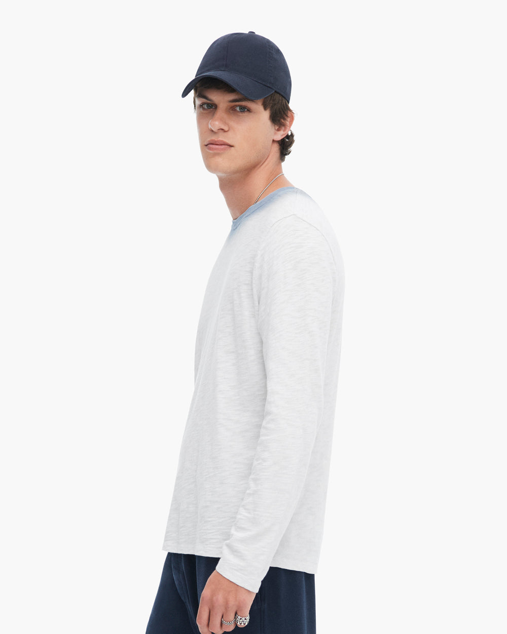 Spray Treatment Slub Jersey Destroyed Long Sleeve Crew Neck Tee - Silver-Wash Navy