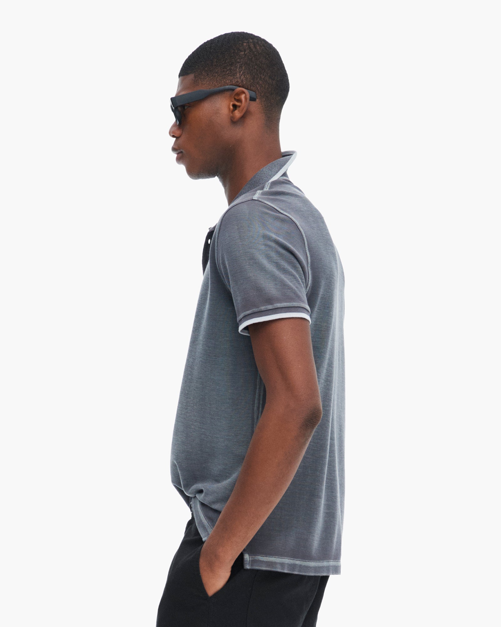 Pique Pigment Wash Short Sleeve Polo with Tipping  - Slate Grey