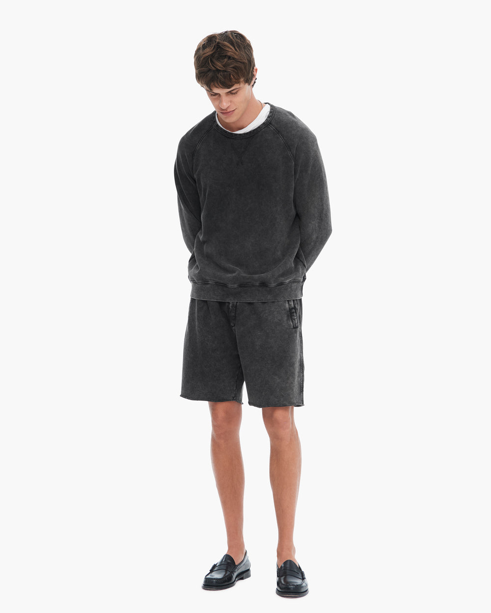 French Terry with Pigment Wash Crew Neck Pullover - Black