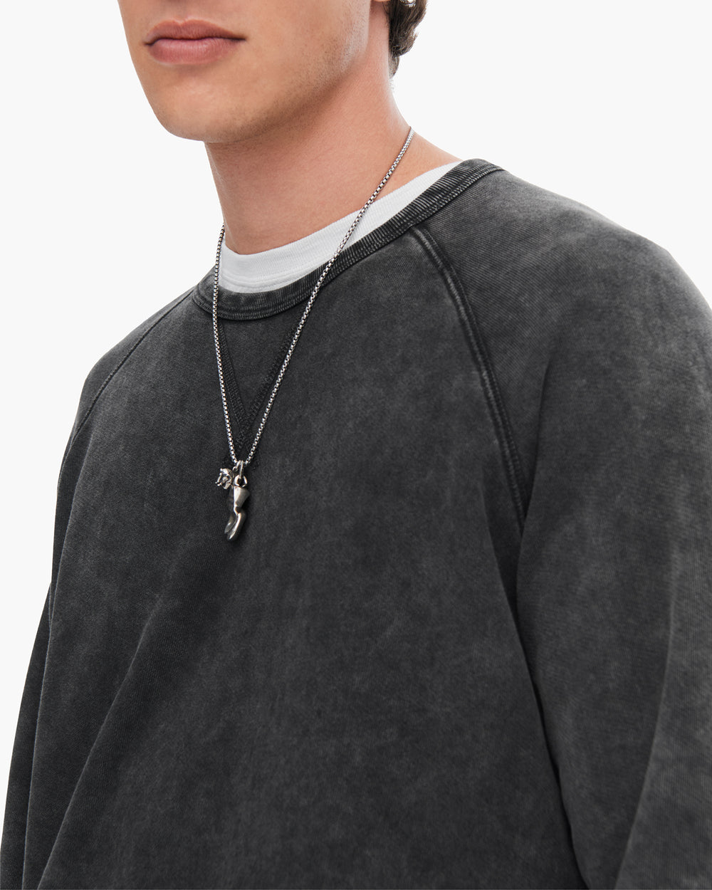 French Terry with Pigment Wash Crew Neck Pullover - Black