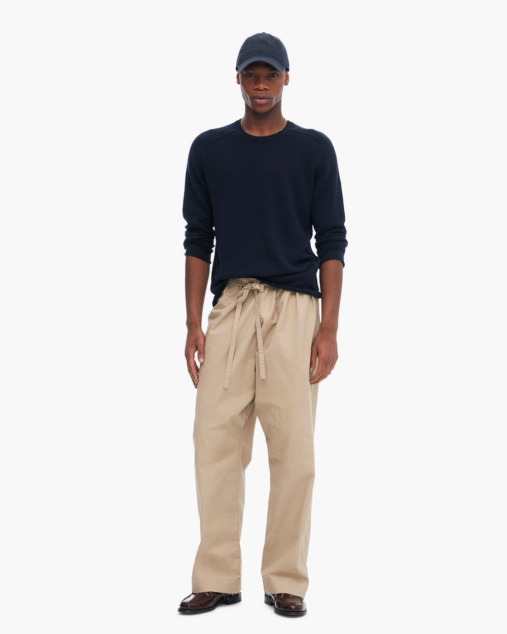 Cotton Cashmere Saddle Shoulder Crew Neck Sweater - Dark Navy