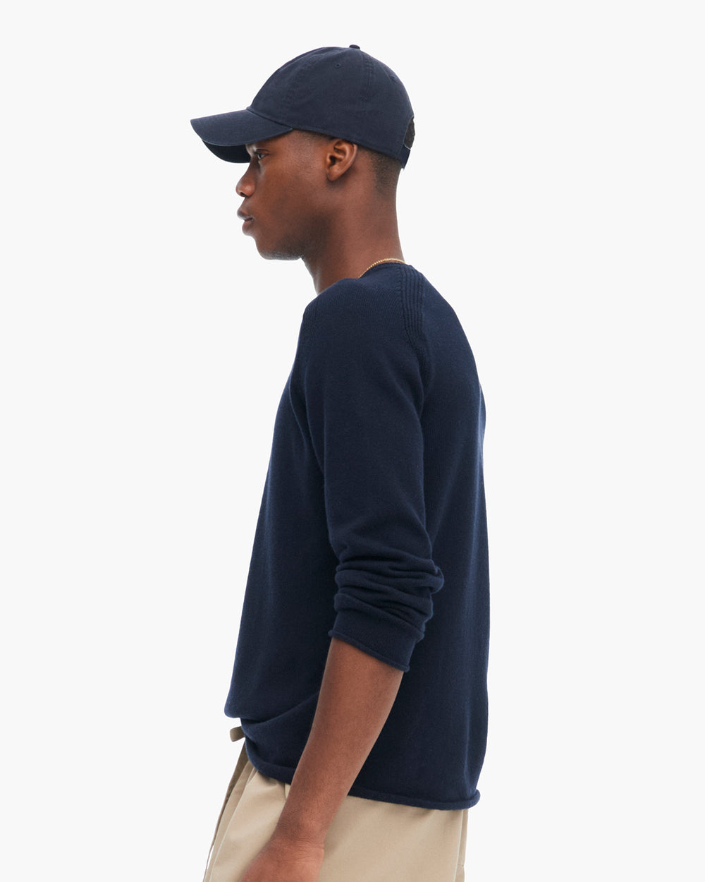 Cotton Cashmere Saddle Shoulder Crew Neck Sweater - Dark Navy