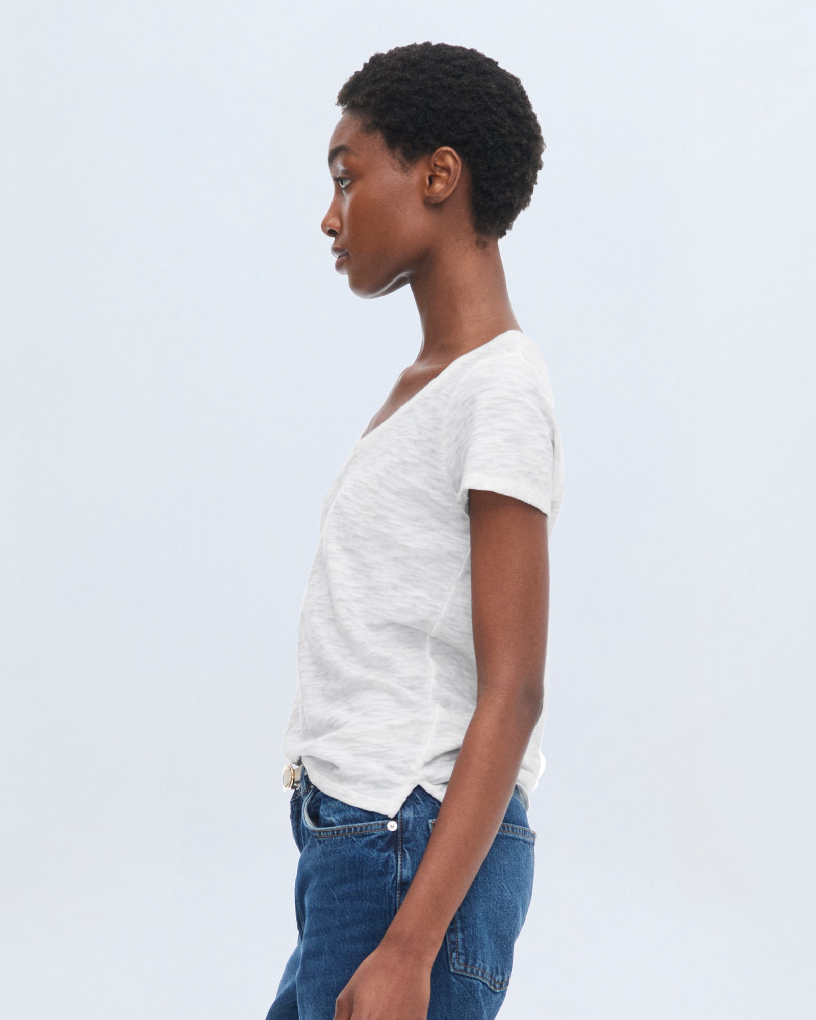Slub Jersey Schoolboy V-Neck Tee - White