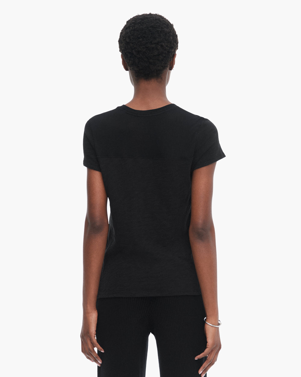 Slub Jersey Mixed Media Schoolboy Crew Neck Tee - Black