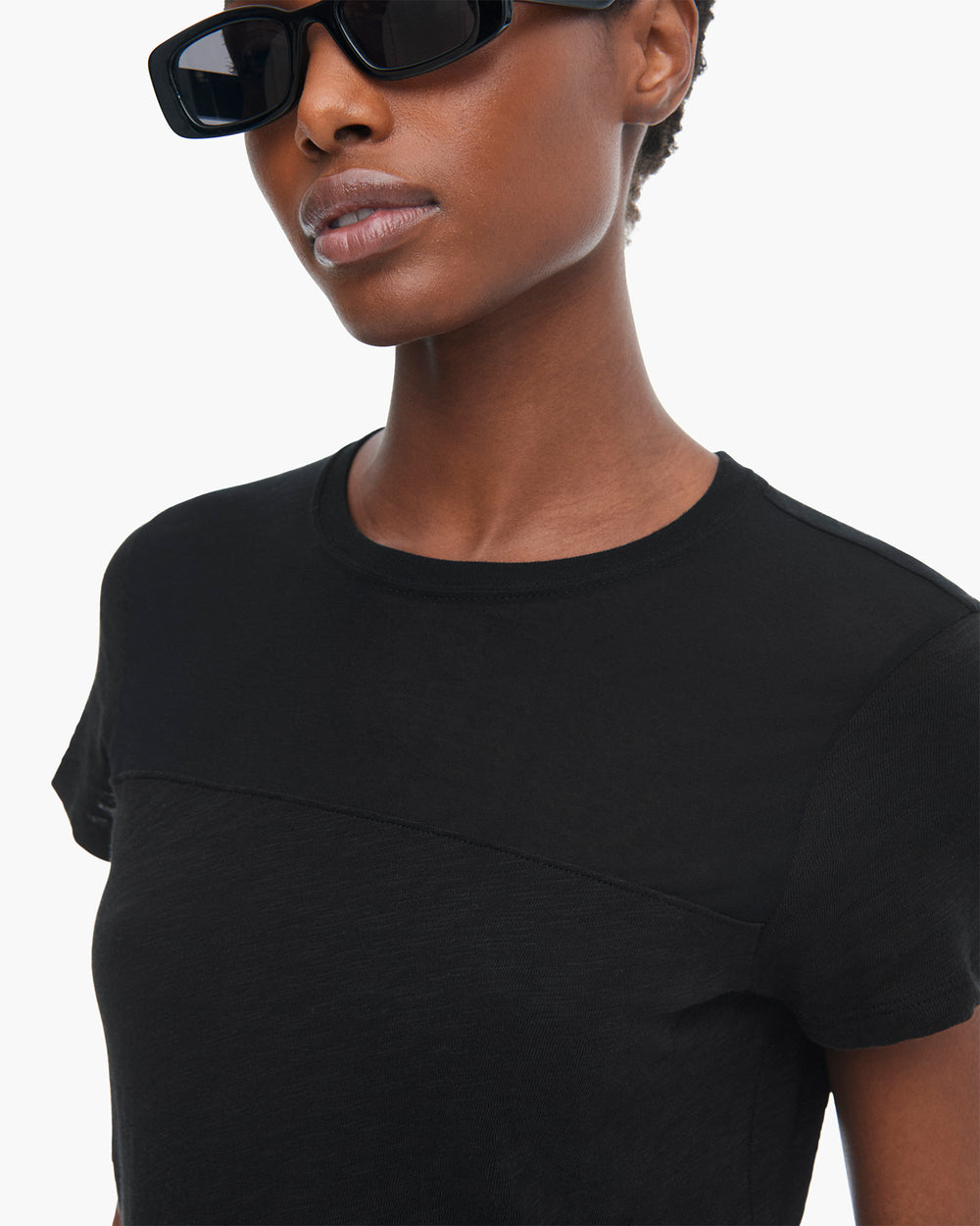 Slub Jersey Mixed Media Schoolboy Crew Neck Tee - Black