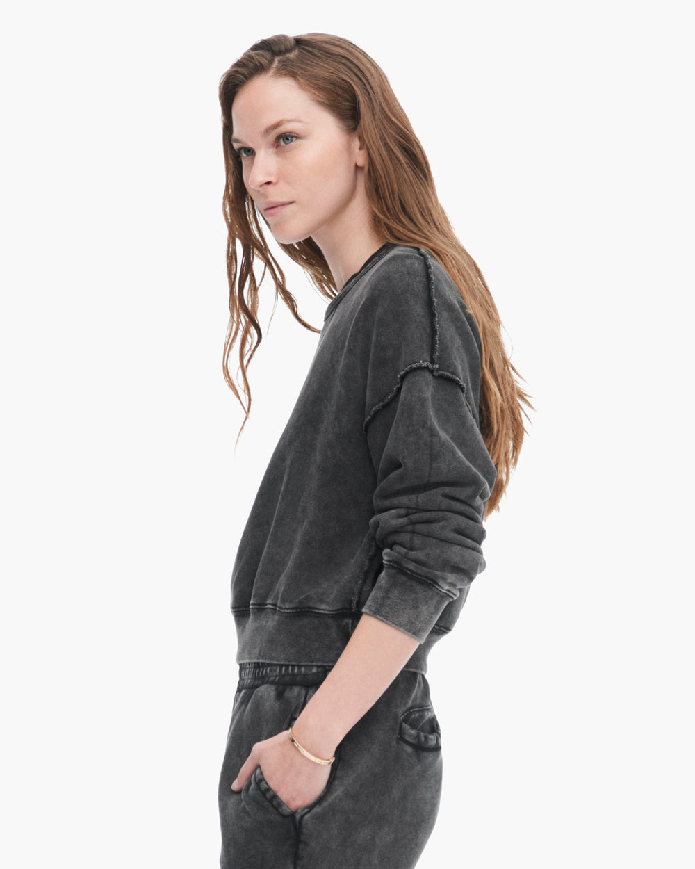 French Terry Pigment Wash Crew Neck Sweatshirt - Black