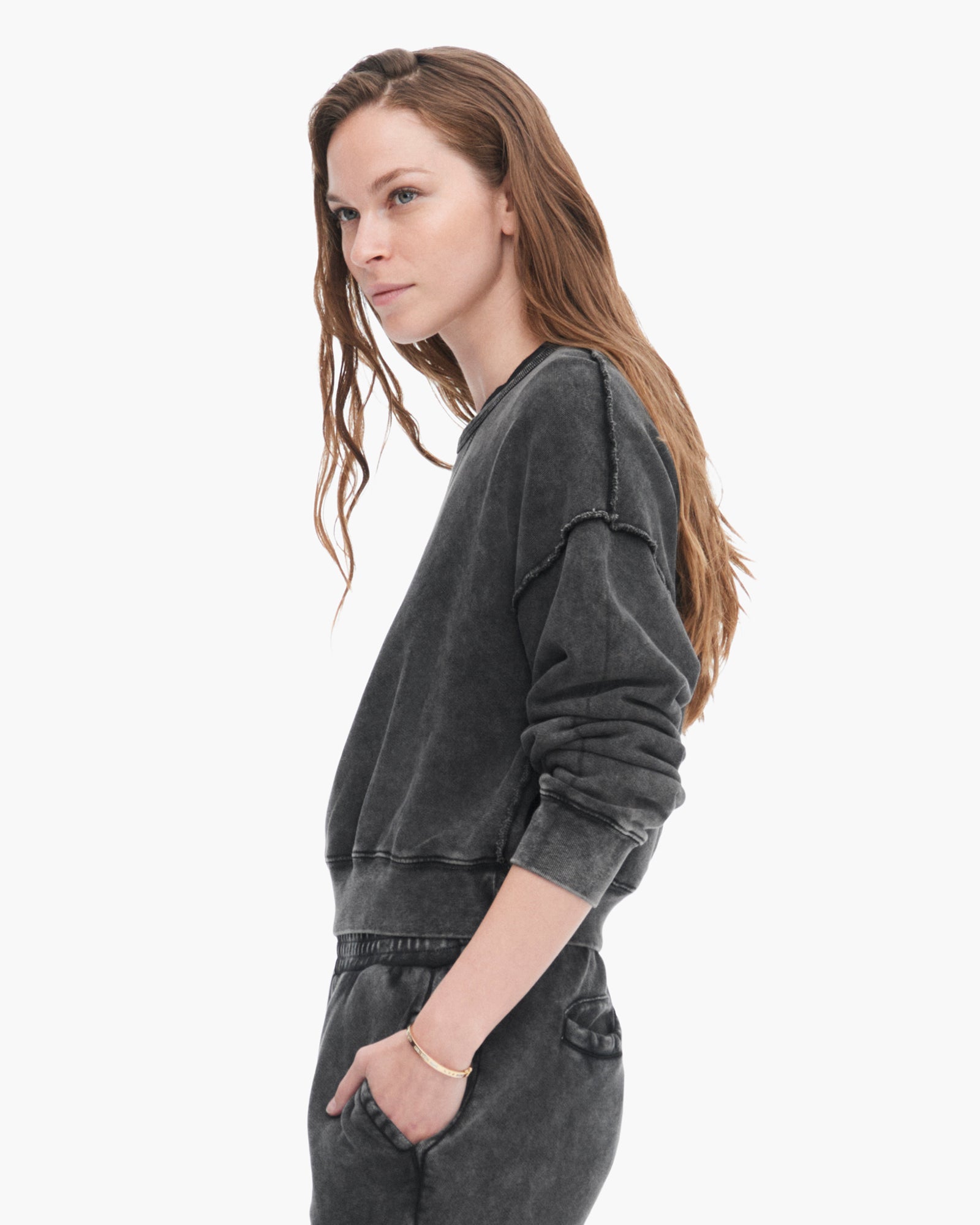 French Terry Pigment Wash Crew Neck Sweatshirt - Black