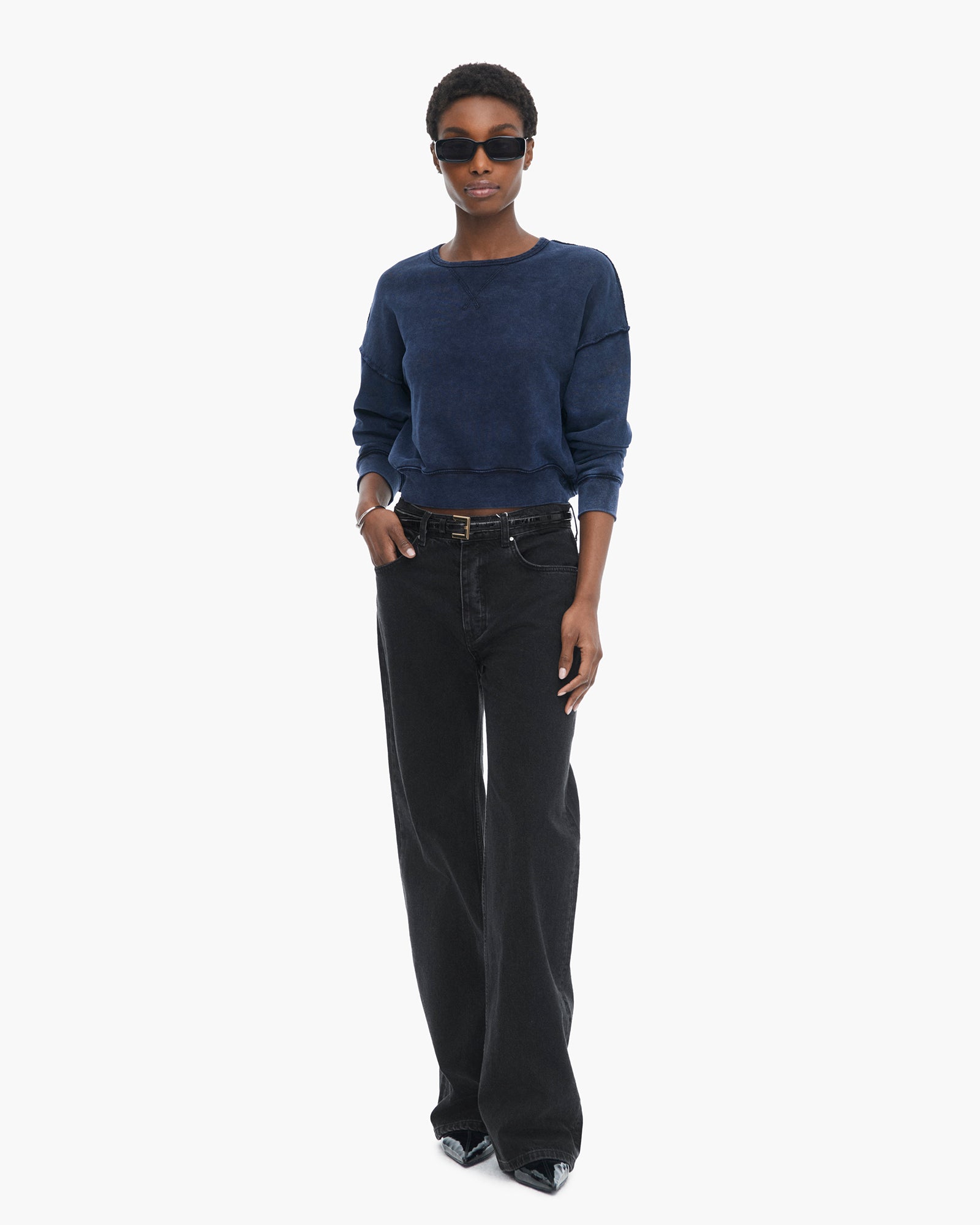 French Terry Pigment Wash Crew Neck Sweatshirt - Dark Navy