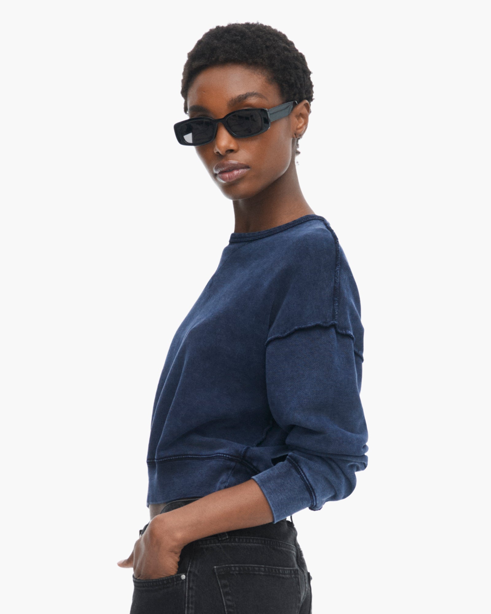 French Terry Pigment Wash Crew Neck Sweatshirt - Dark Navy