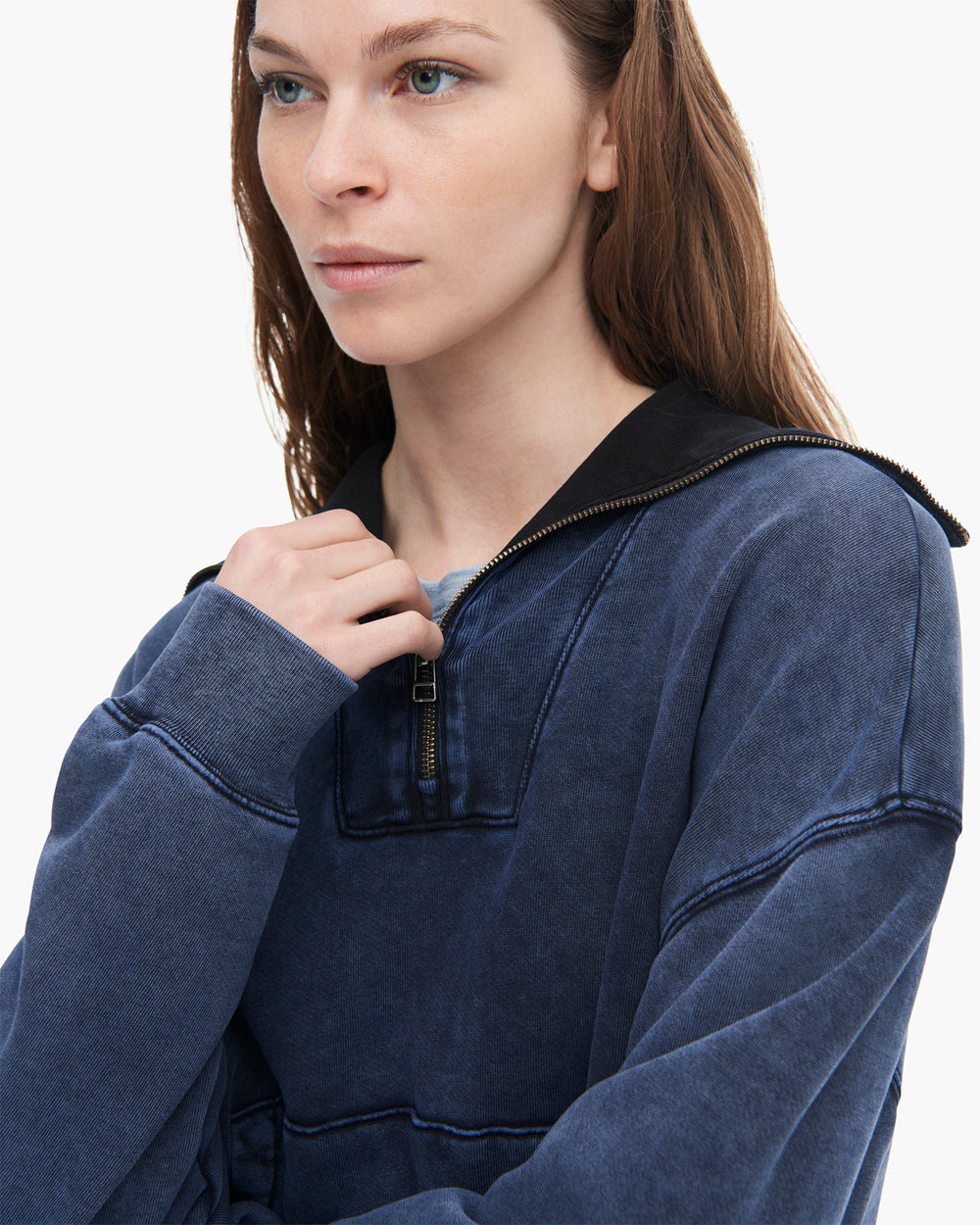 French Terry Pigment Wash Crew Quarter Zip - Dark Navy