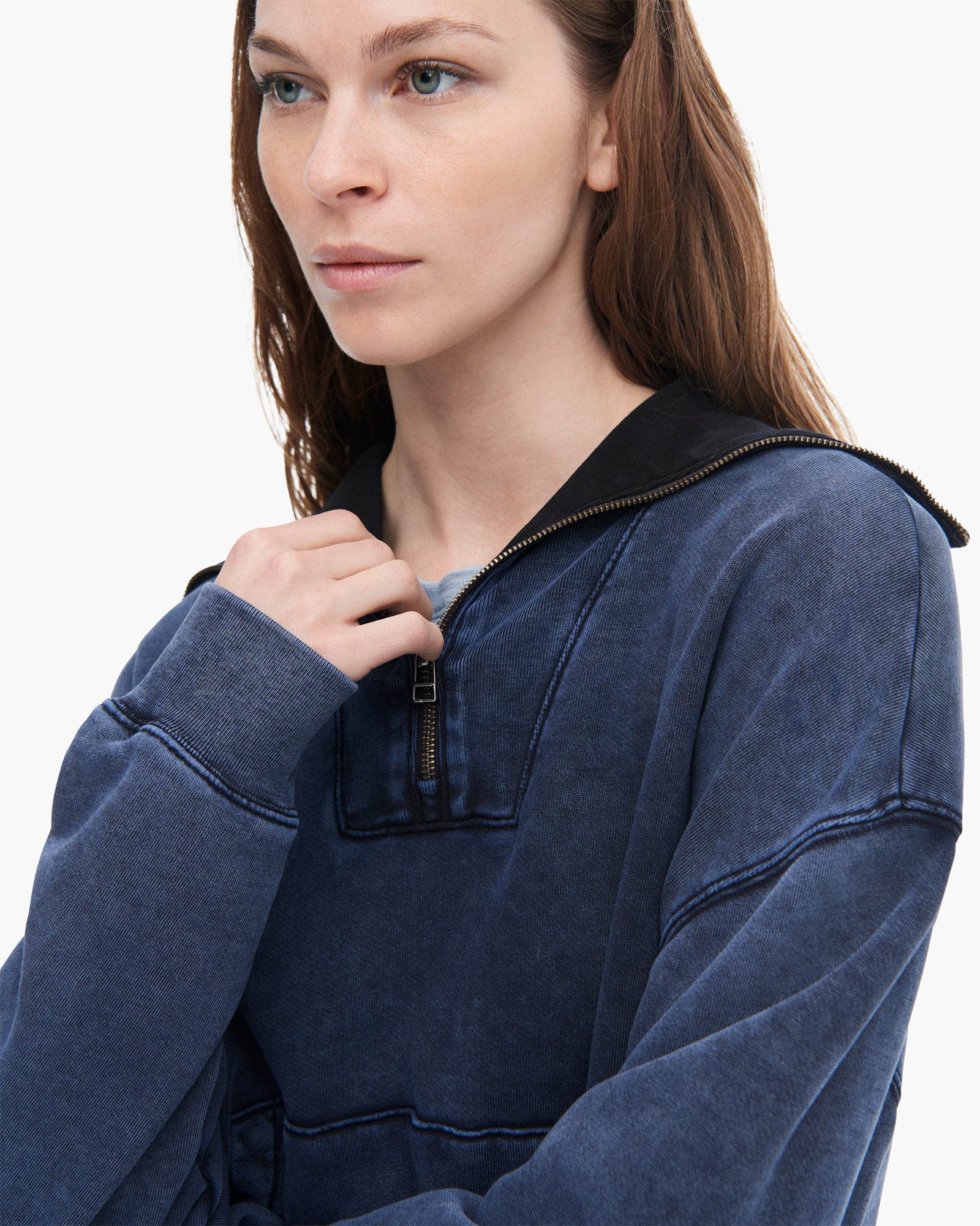 French Terry Pigment Wash Crew Quarter Zip - Dark Navy