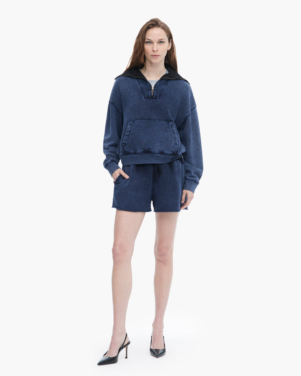 French Terry Pigment Wash Crew Quarter Zip - Dark Navy
