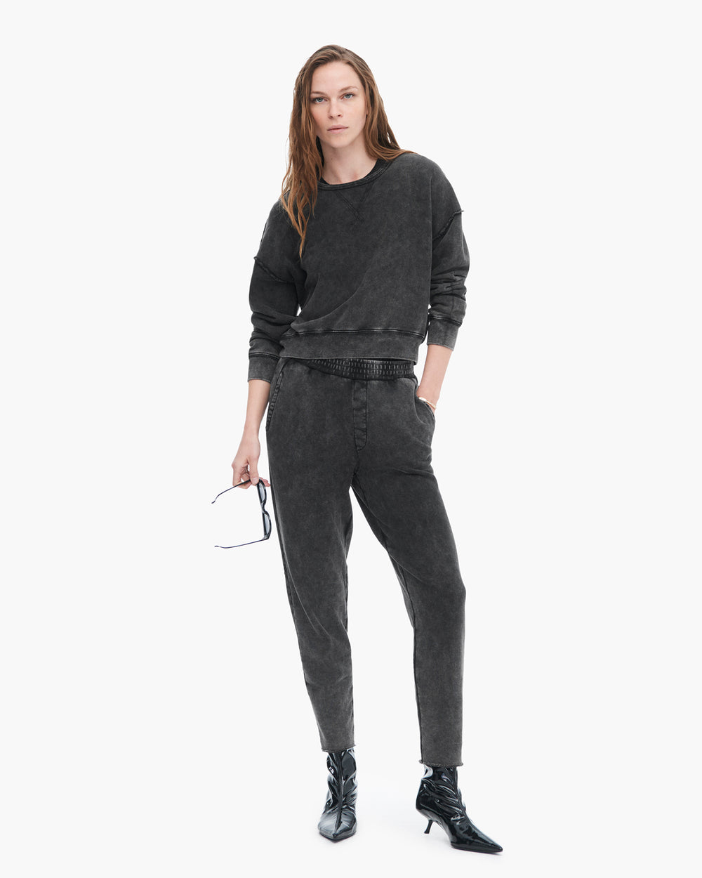 French Terry Pigment Wash Cut-Off Sweatpants - Black