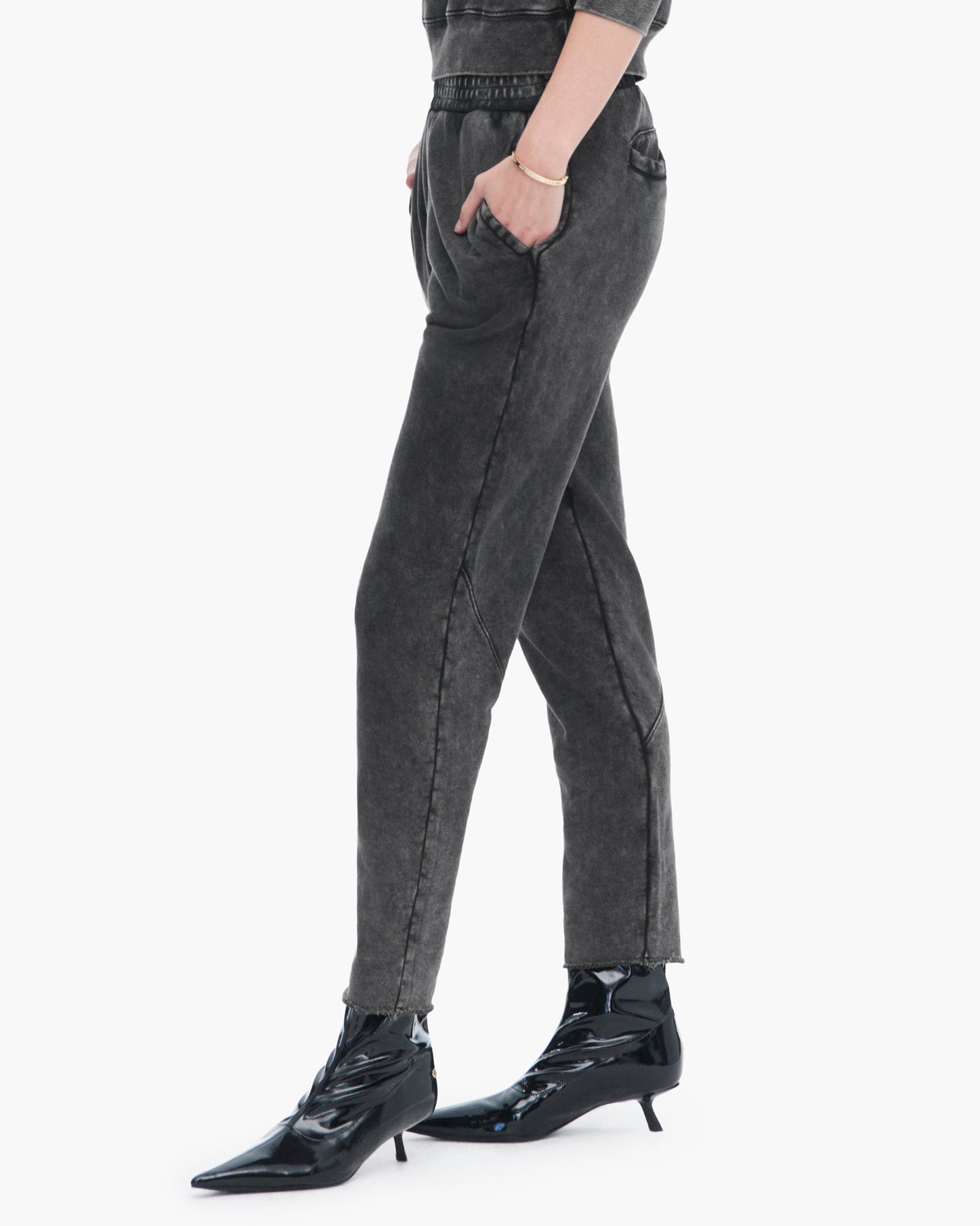 French Terry Pigment Wash Cut-Off Sweatpants - Black