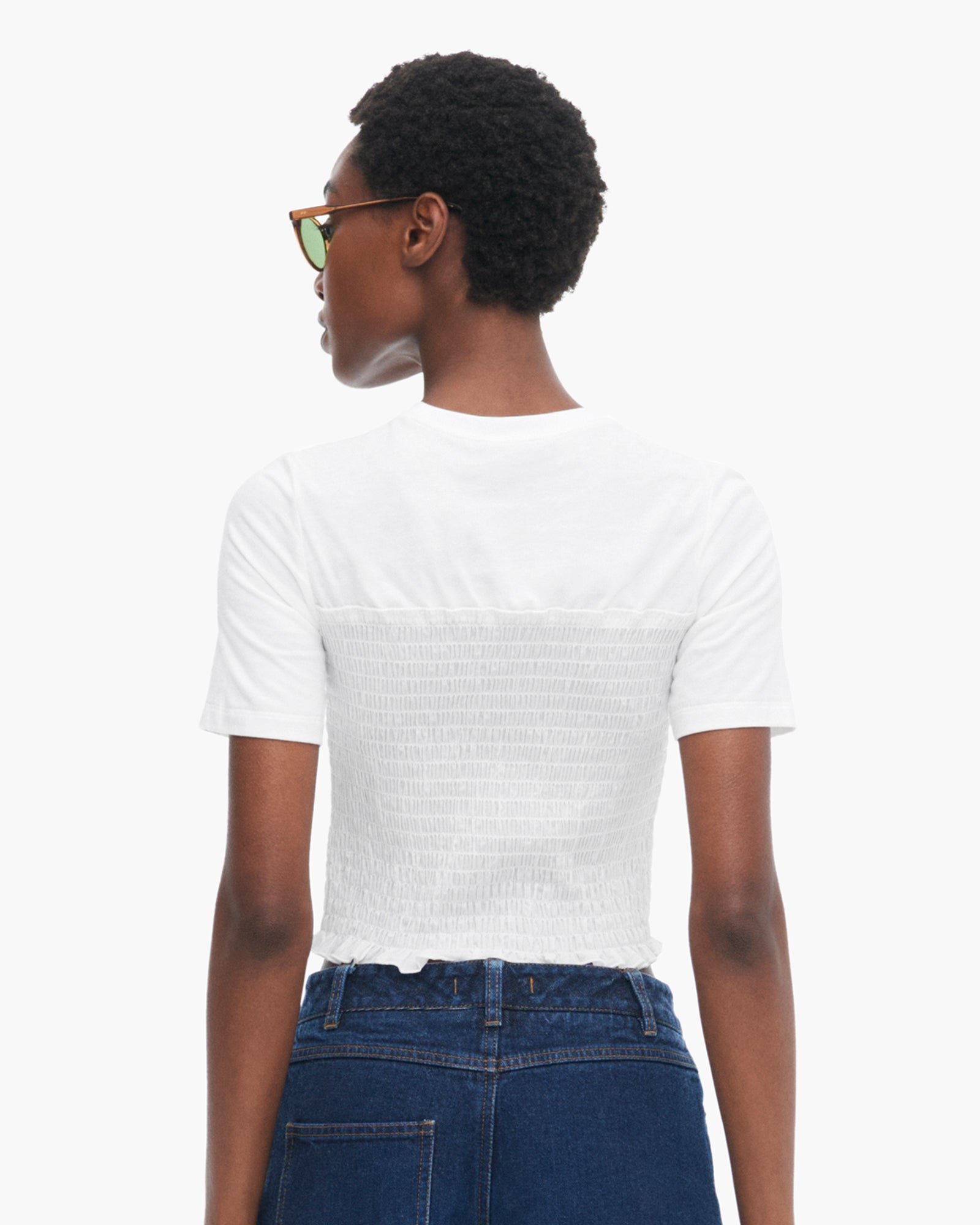 Mixed Media Short Sleeve Crew Neck Smocked Top - White