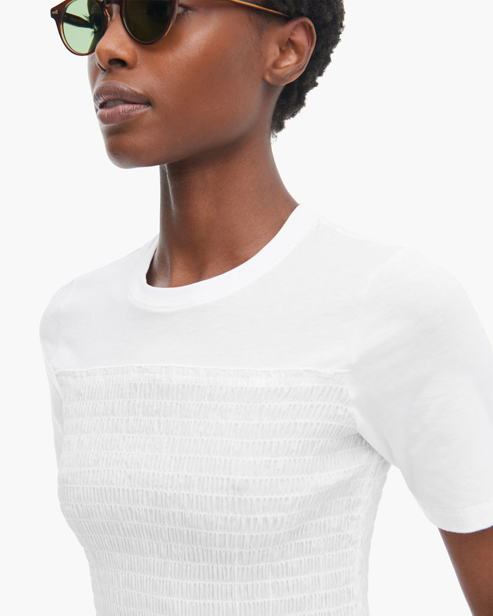 Mixed Media Short Sleeve Crew Neck Smocked Top - White